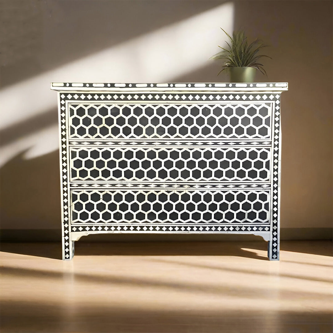 Bone Inlay Chest Of 3 Drawers, Honeycomb Pattern In Black