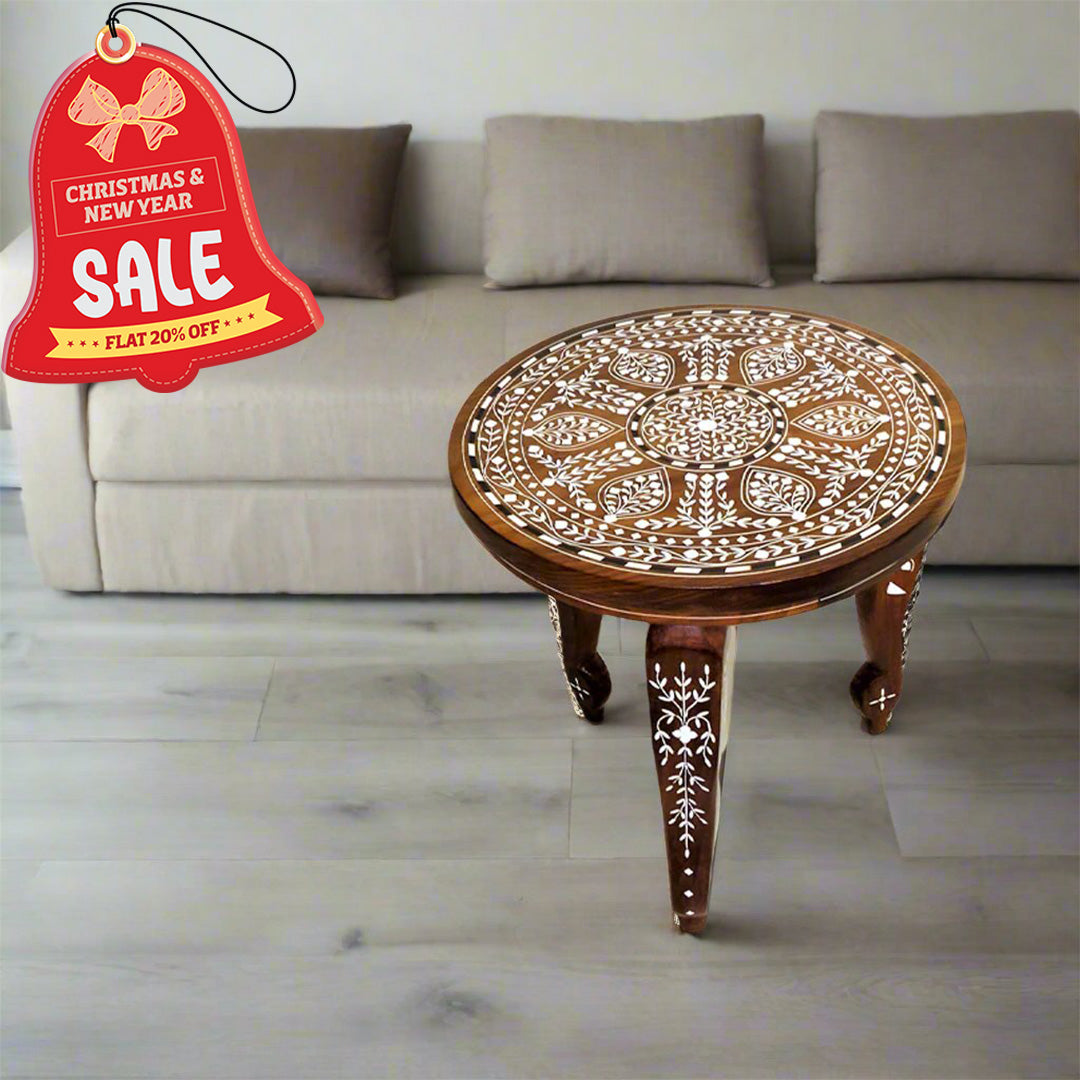 Handmade Teak Wood Bone Inlay Pattern Stool