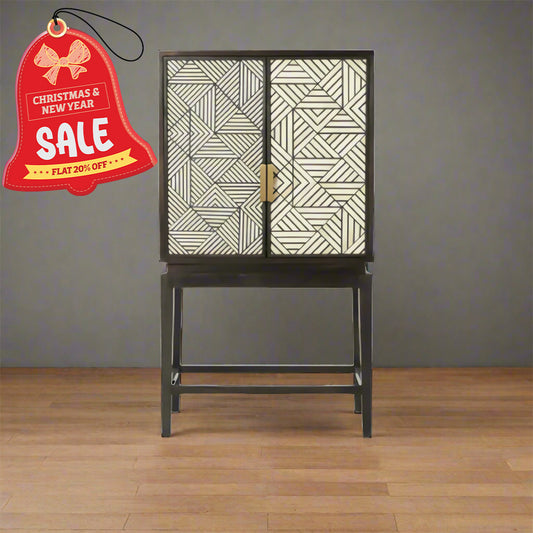 Handmade Black & White Geometric Pattern Bone Inlay Bar Cabinet