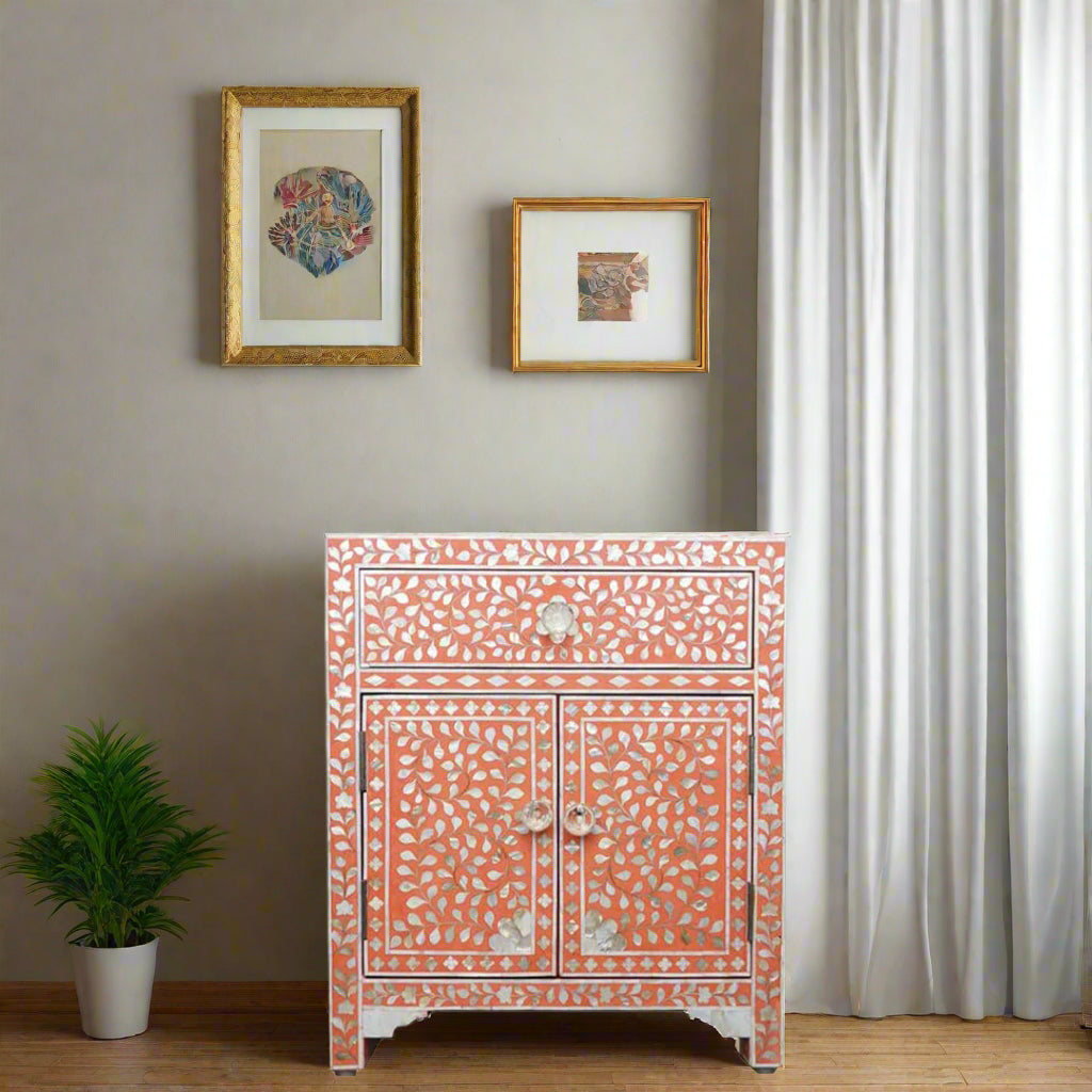 HANDMADE CUSTOMIZED MOTHER OF PEARL BEDSIDE TABLE - Floral/Orange