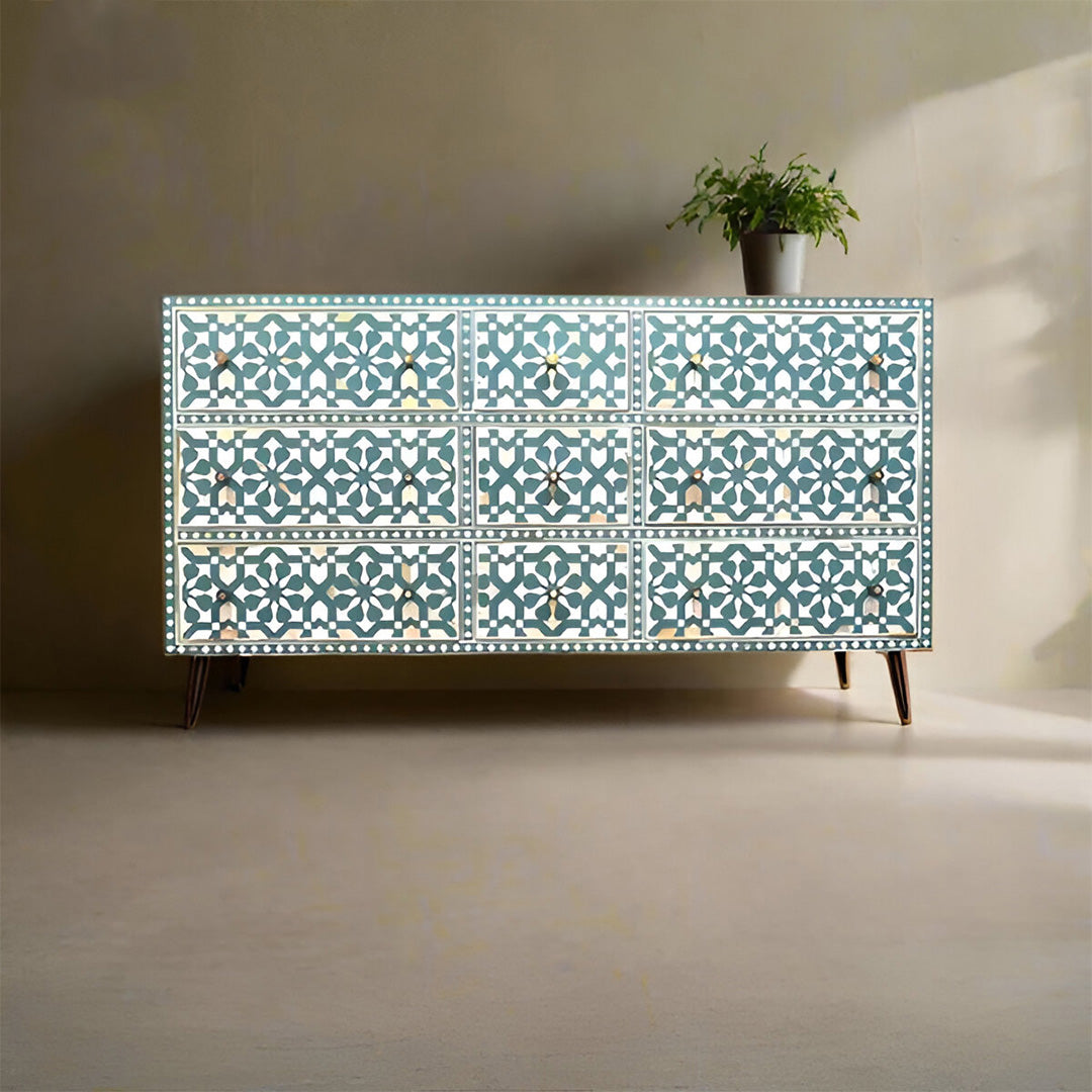 Bone Inlay Chest Of 9 Drawers, Moroccan Pattern In Blue