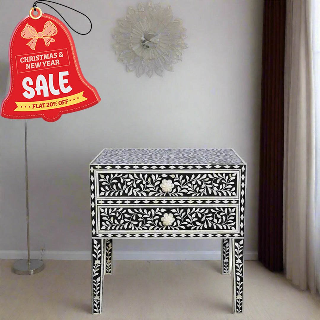 Floral Pattern Bone Inlay Bedside Table - Black