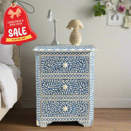 Handmade Customized Bone Inlay 3 Drawer Bedside Table