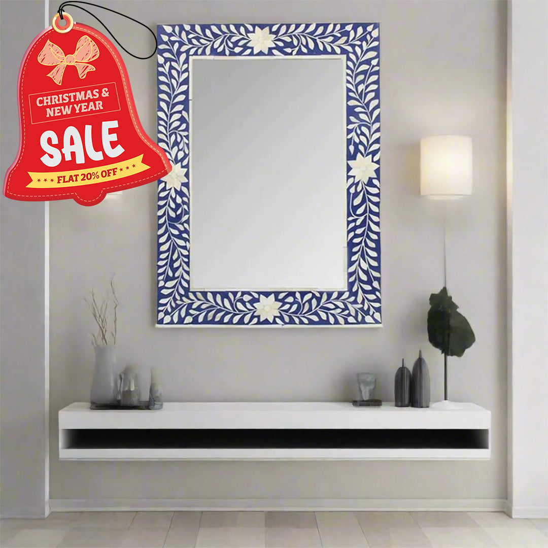 Bone Inlay Blue Floral Mirror Frames with Complimentary Mirror