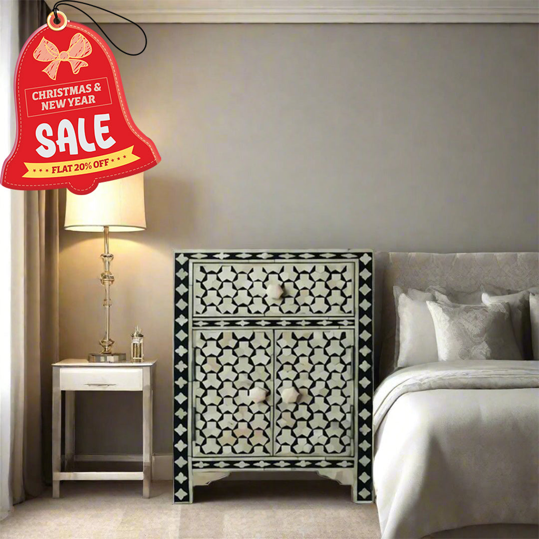 Bone Inlay Taruga Pattern Bedside Table - Black