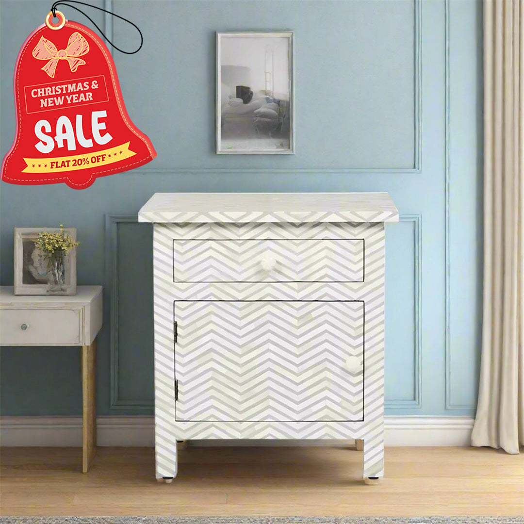 Bone Inlay Chevron Pattern Bedside Table - Grey