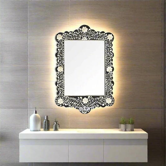 Bone Inlay Scalloped Black Mirror Frame with Complimentary Mirror