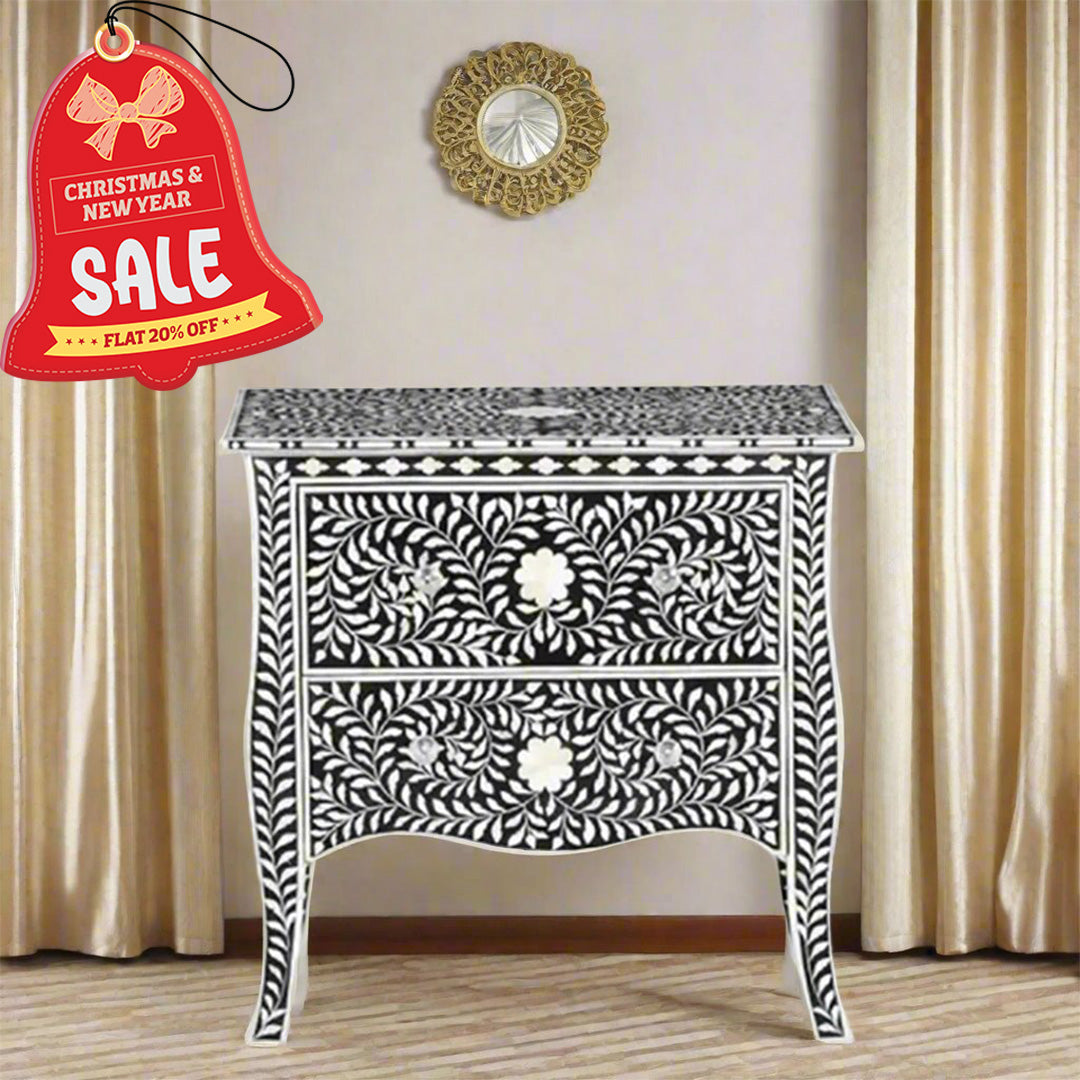 Floral Pattern Bone Inlay Bedside - Black