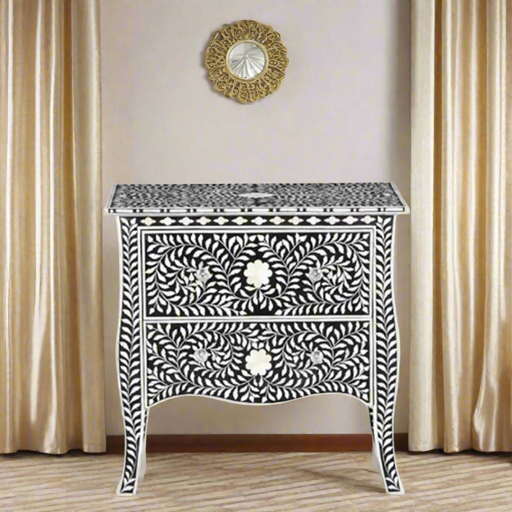 Floral Pattern Bone Inlay Bedside - Black