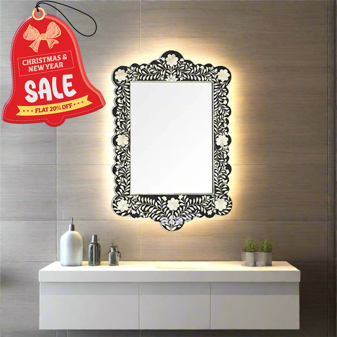 Bone Inlay Scalloped Black Mirror Frame with Complimentary Mirror