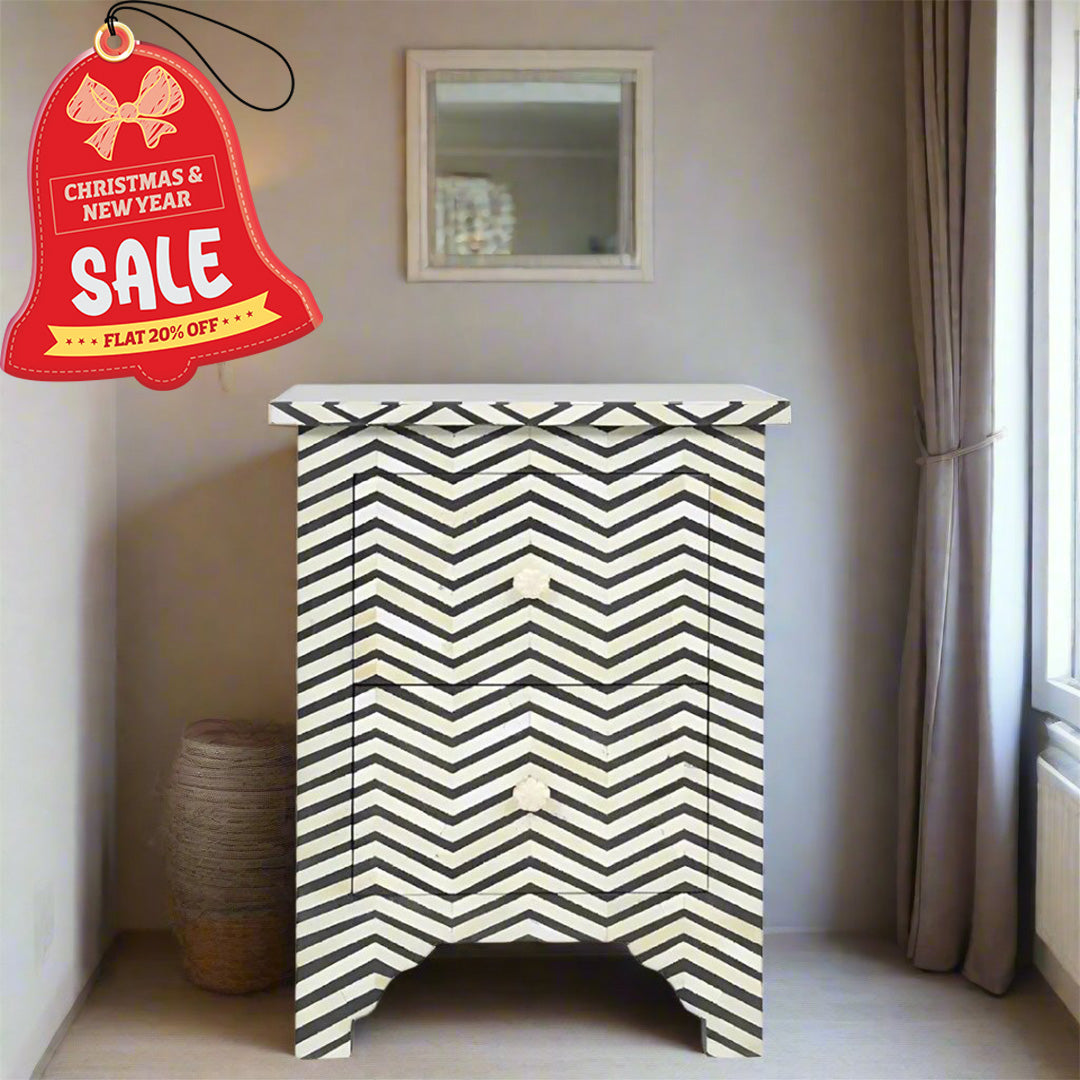 Geometric Chevron Pattern Bone Inlay Bedside Table - Black