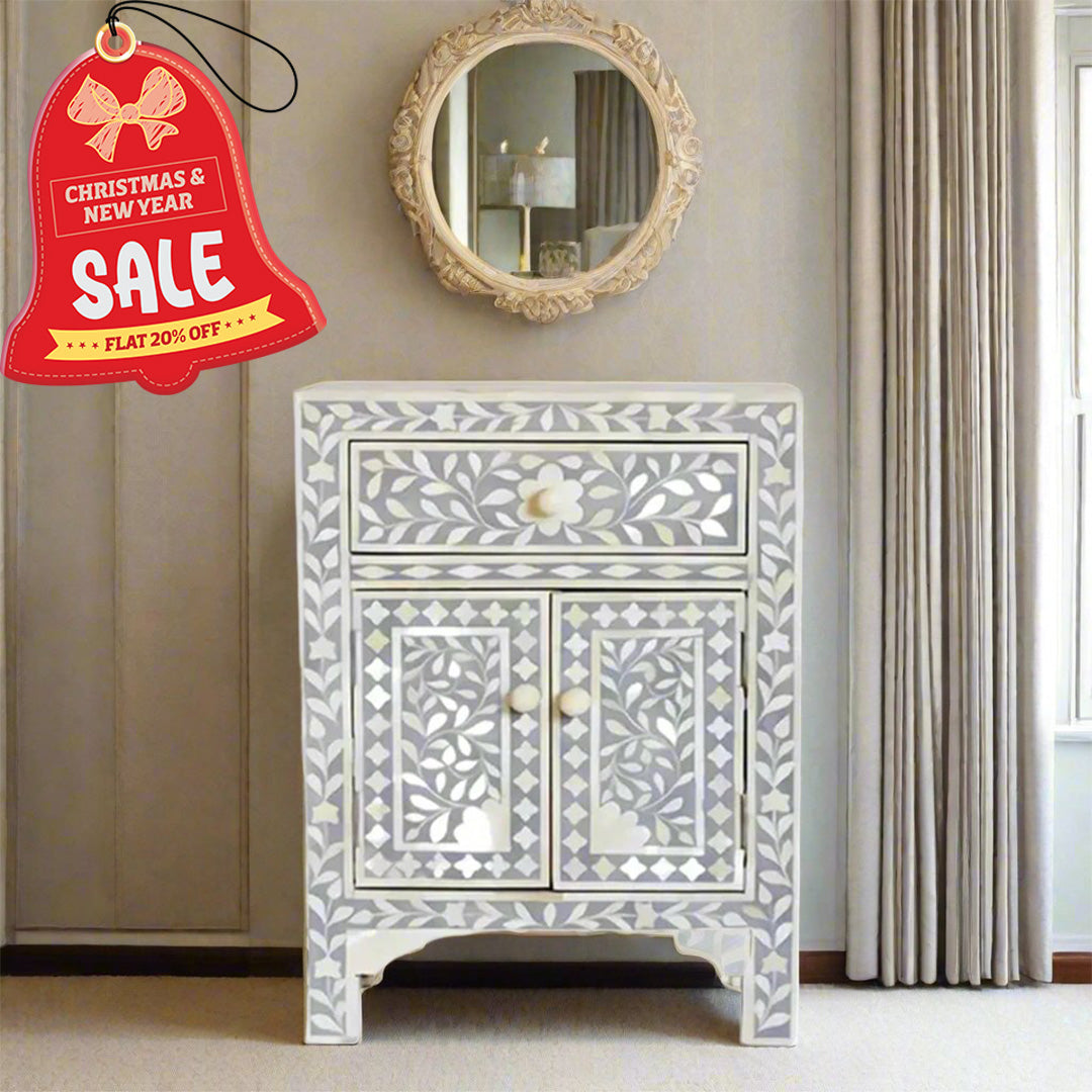 Handmade Floral Pattern Bone Inlay Bedside Table - Grey