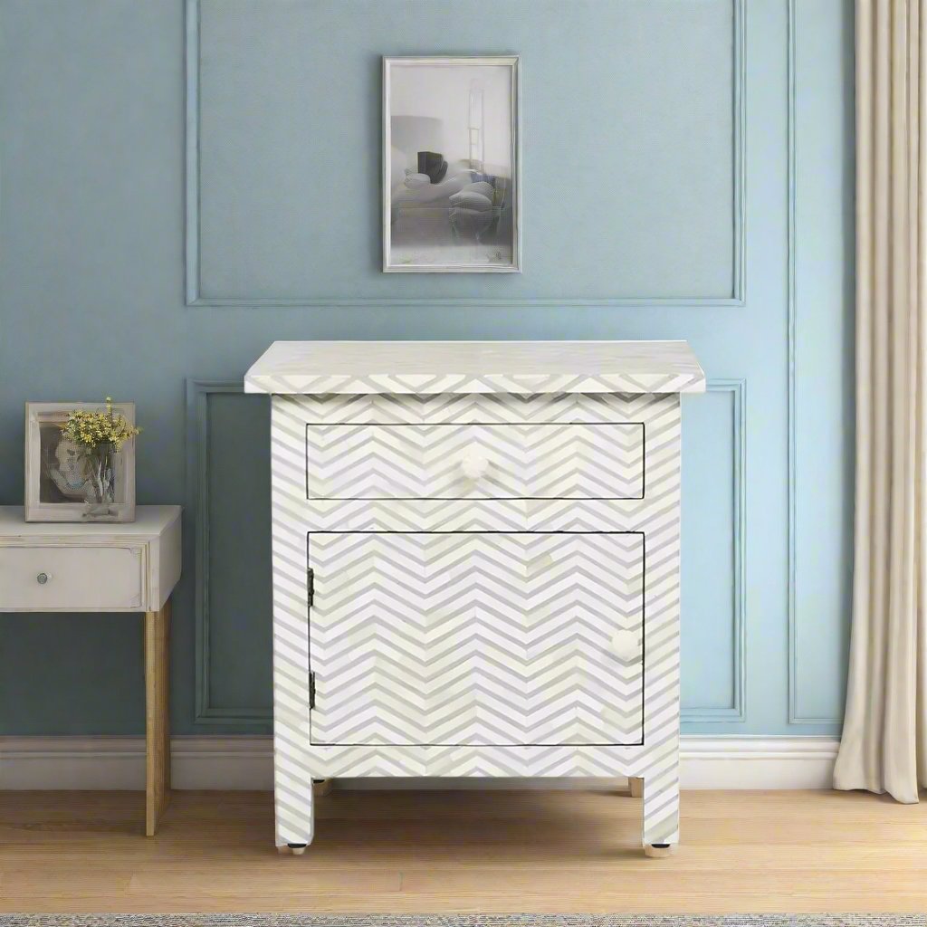 Bone Inlay Chevron Pattern Bedside Table - Grey