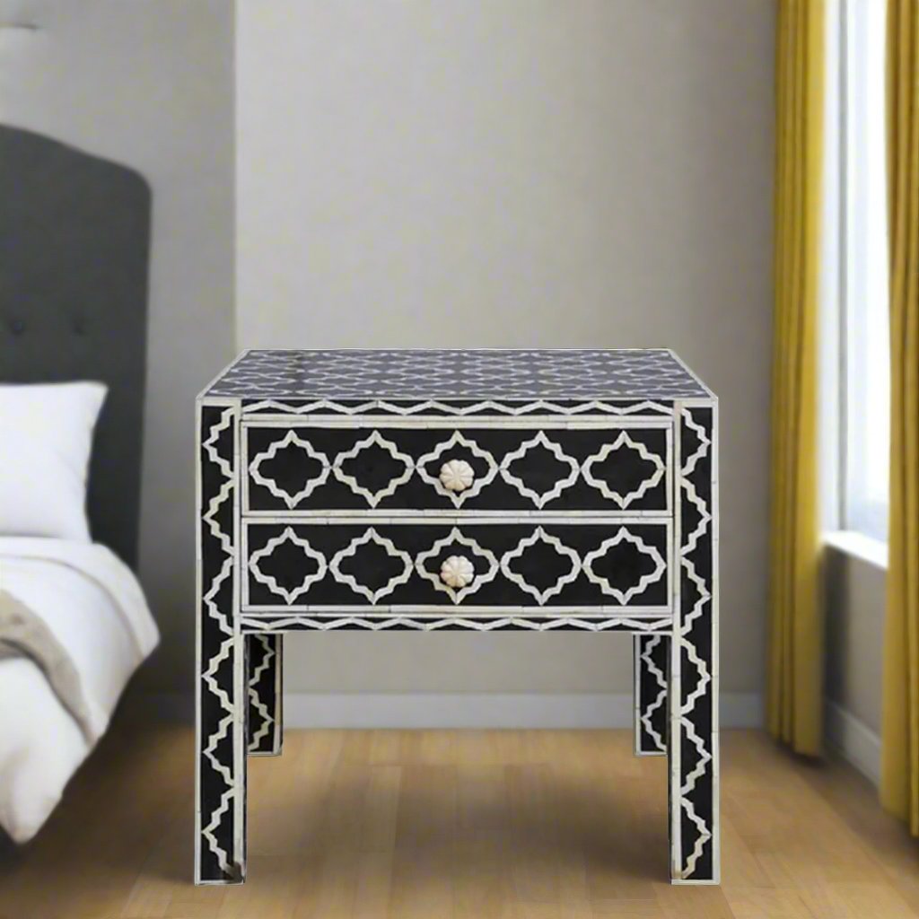 Geometric Mughal Pattern Bone Inlay Bedside Table - Black