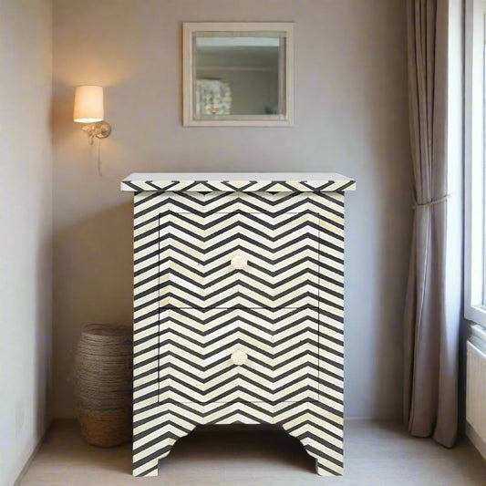 Geometric Chevron Pattern Bone Inlay Bedside Table - Black