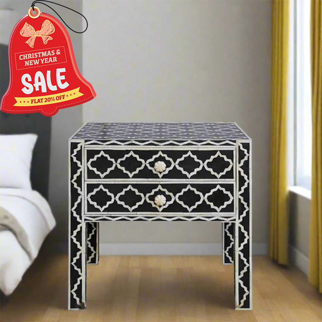 Geometric Mughal Pattern Bone Inlay Bedside Table - Black