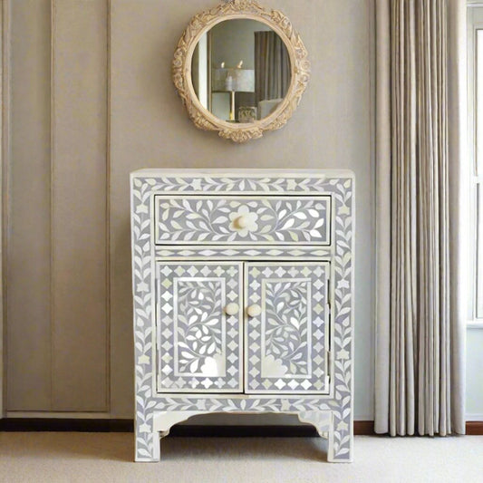 Handmade Floral Pattern Bone Inlay Bedside Table - Grey