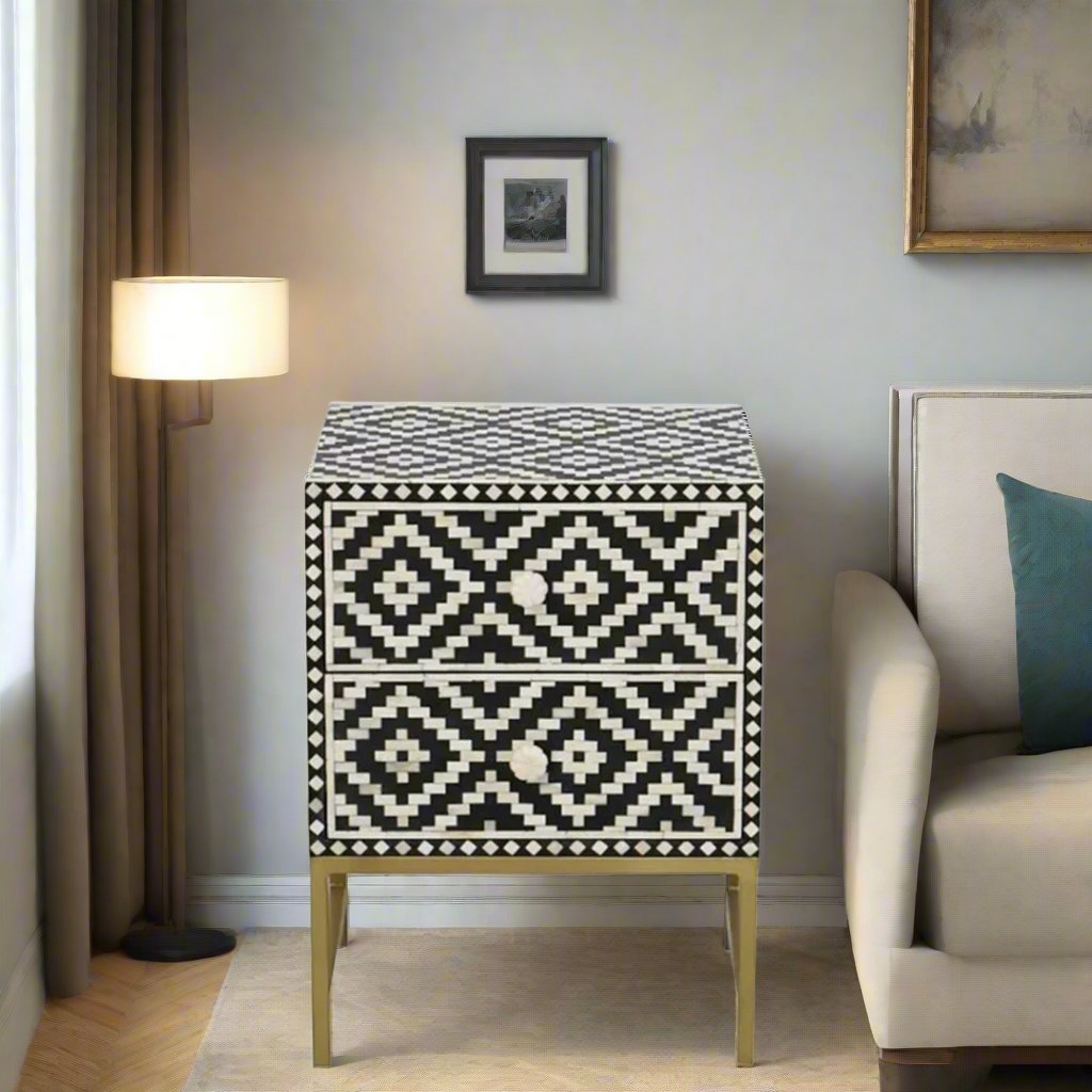 Handmade Customized Bone Inlay Two Drawer Bedside Table Best For Home And Office