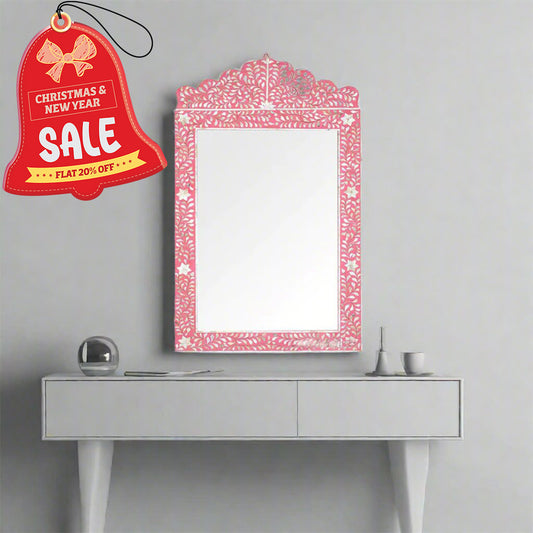 Handmade Bone Inlay Scalloped Pink Floral Pattern Mirror Frame for Home Decor