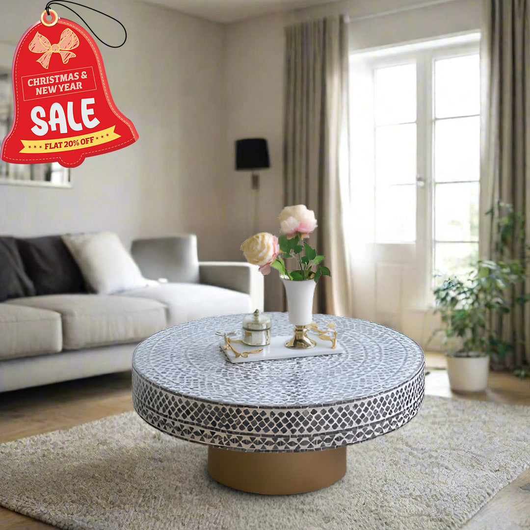 Handmade Mother of Pearl Modern Luxe Round Coffee Table in Grey, Ivory, and Gold