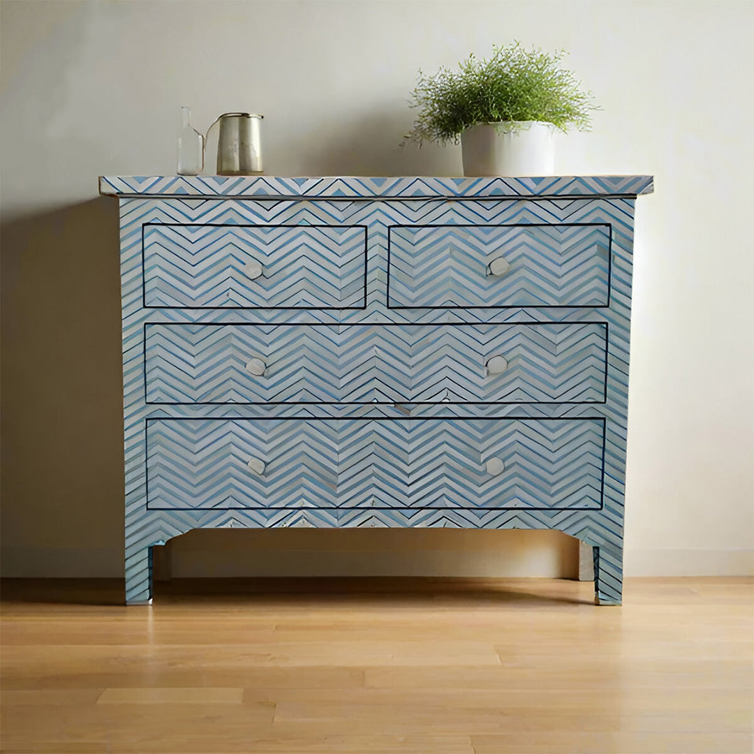 Bone Inlay Chest Of 4 Drawers , Chevron Pattern In Indigo