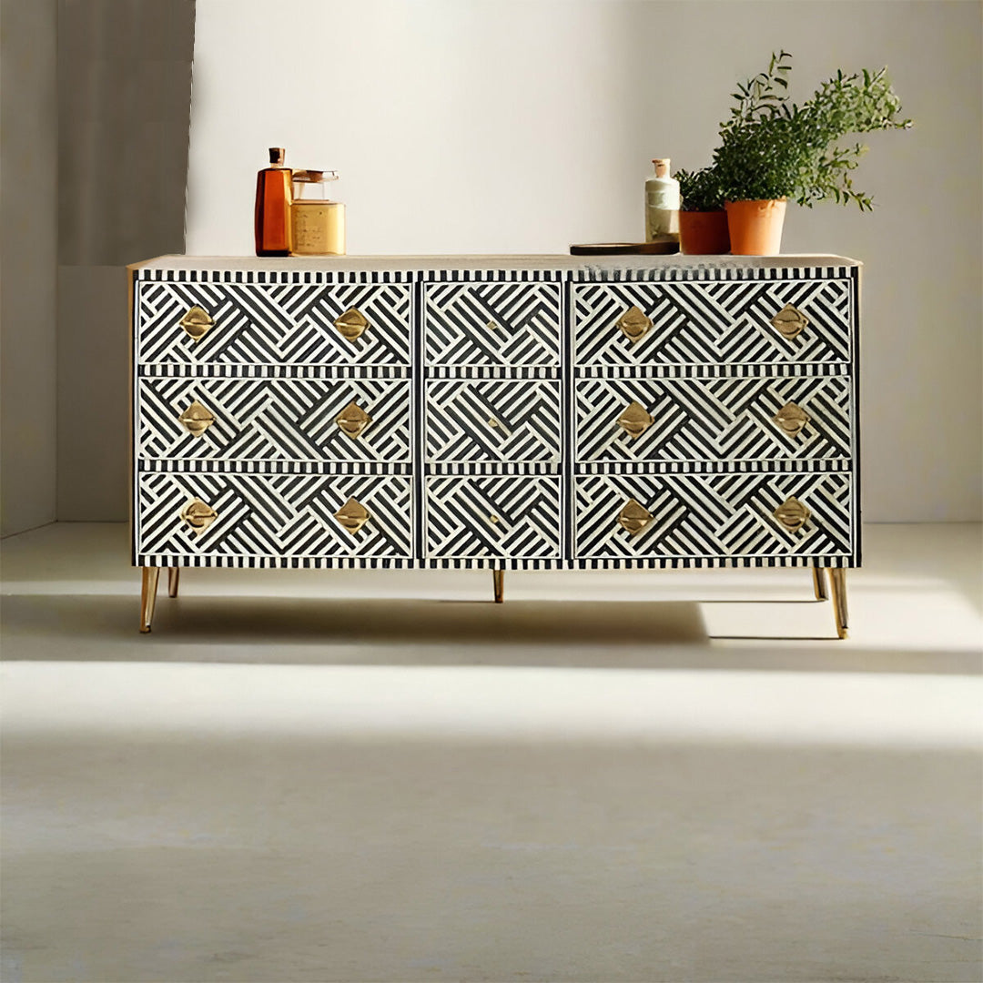 Bone Inlay Chest Of 9 Drawers Optical Pattern In Black