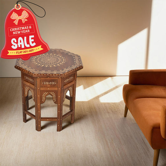 handmade Teak Wood Bone Inlay Pattern Stool