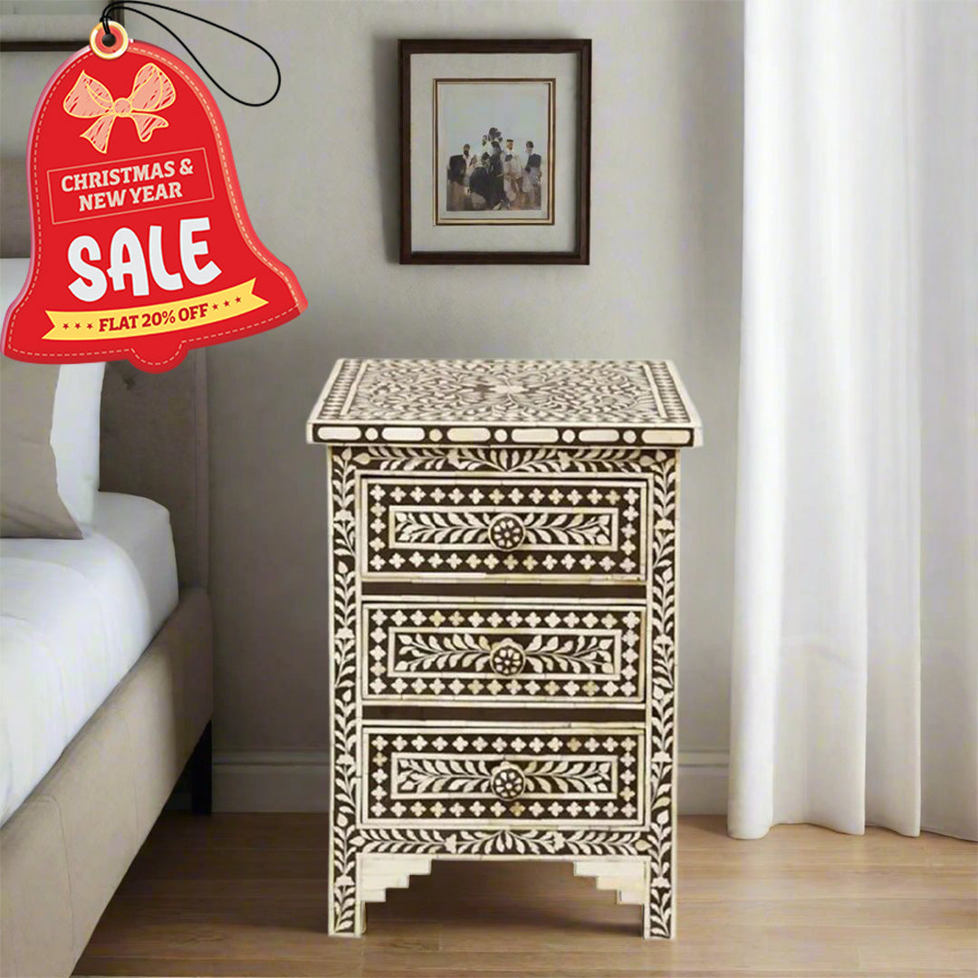 Floral Bone Inlay Bedside Table - Brown