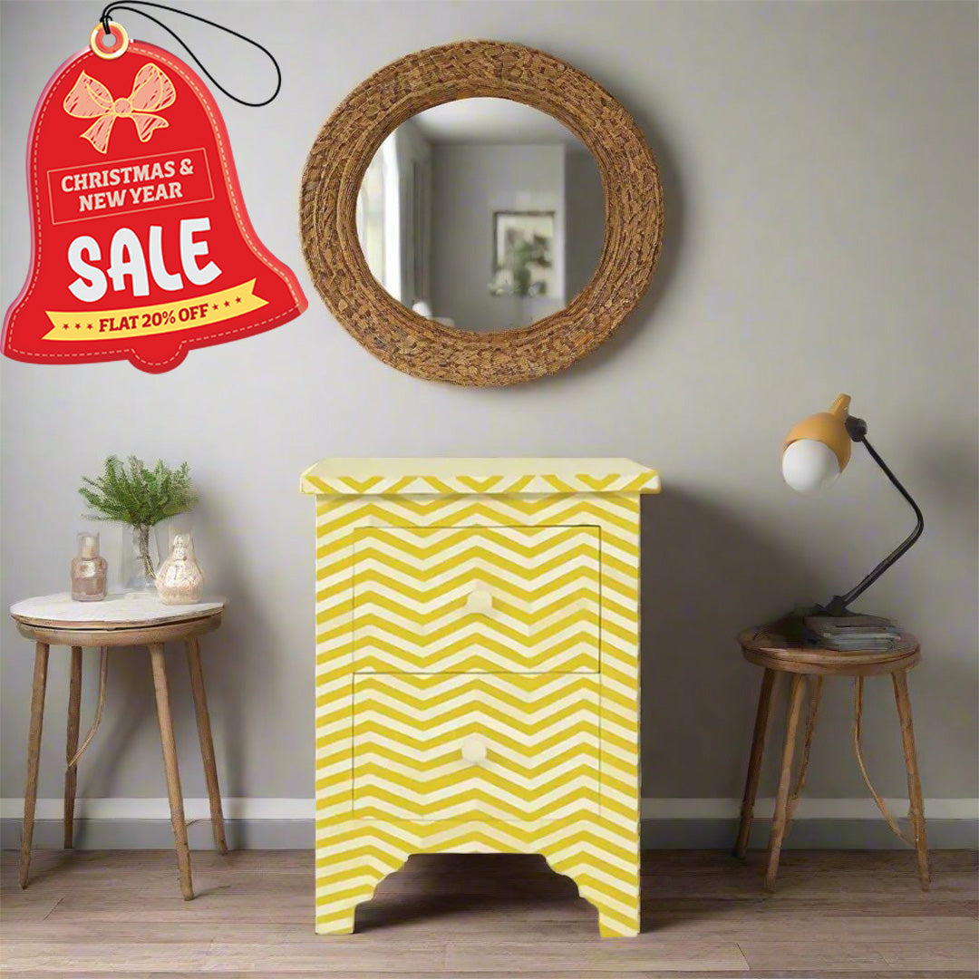 Bone Inlay Chevron Pattern Bedside Table - Yellow