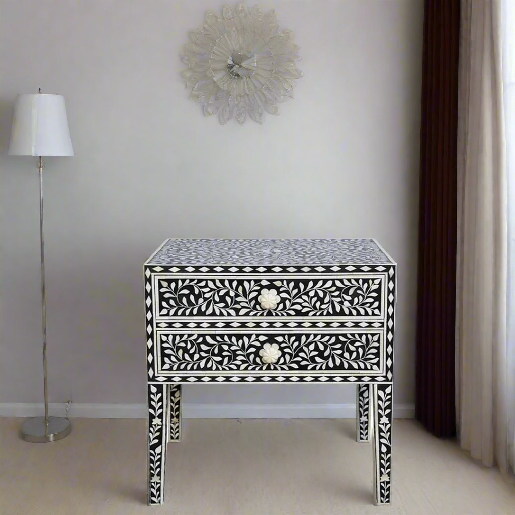 Floral Pattern Bone Inlay Bedside Table - Black