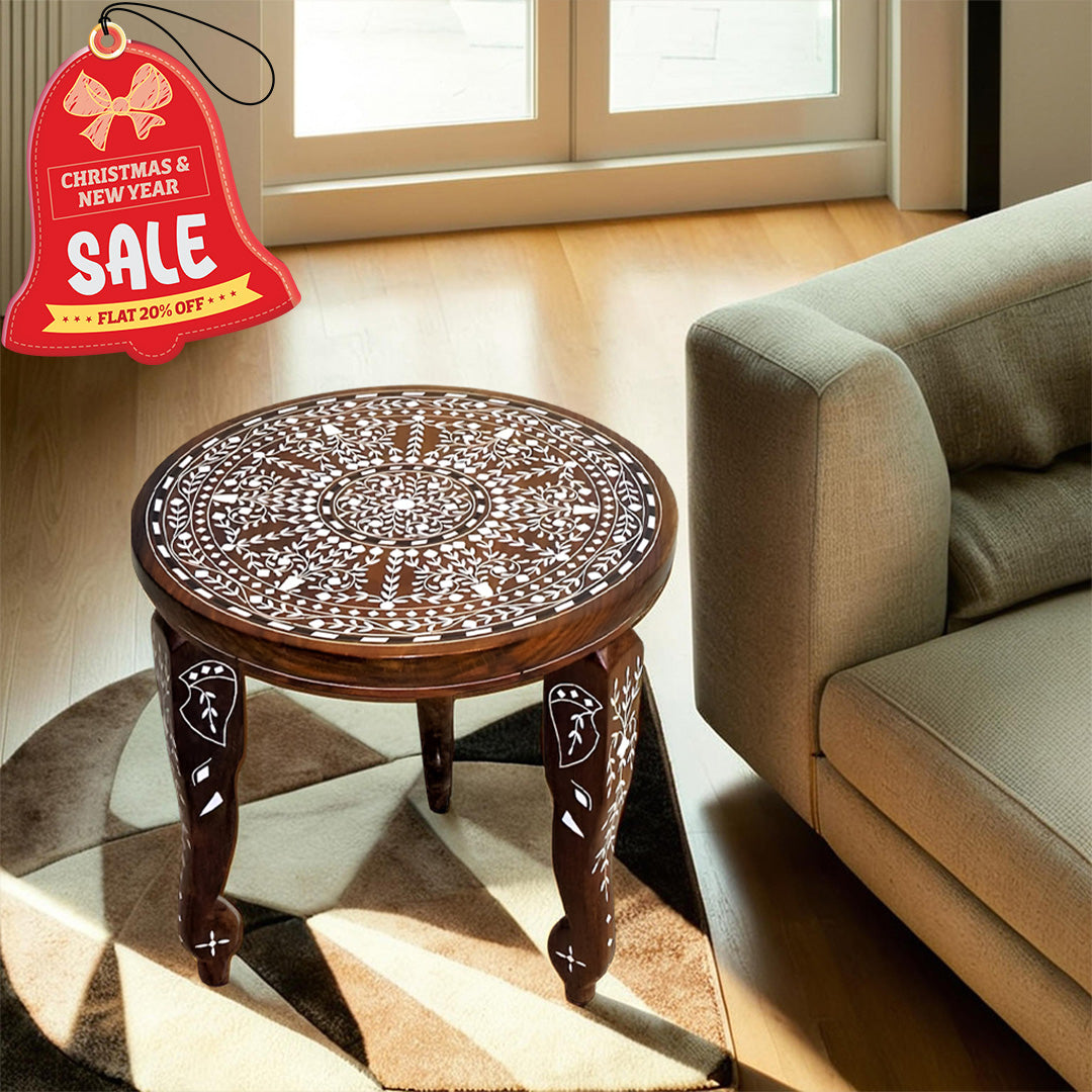 handmade Teak Wood Bone Inlay Pattern Stool