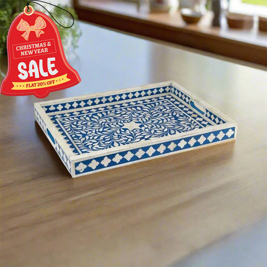 Bone Inlay Tray in Floral Design - Blue