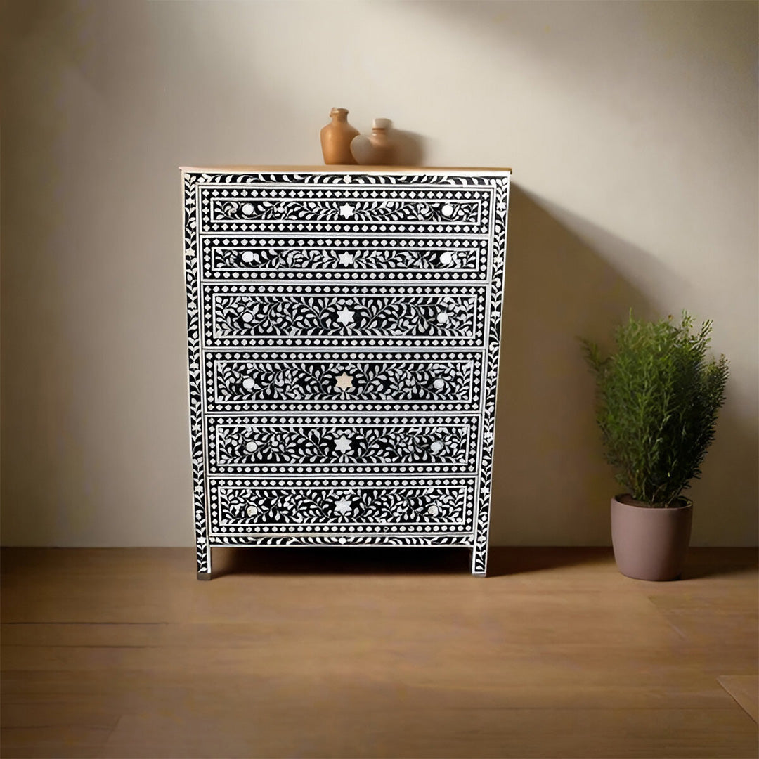 Bone Inlay Chest Of 6 Drawers, Floral Pattern In Black