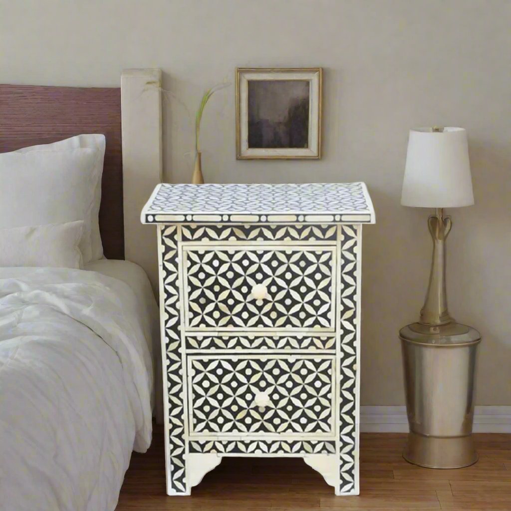 Geometric Star eye Bone Inlay Bedside Table - Black