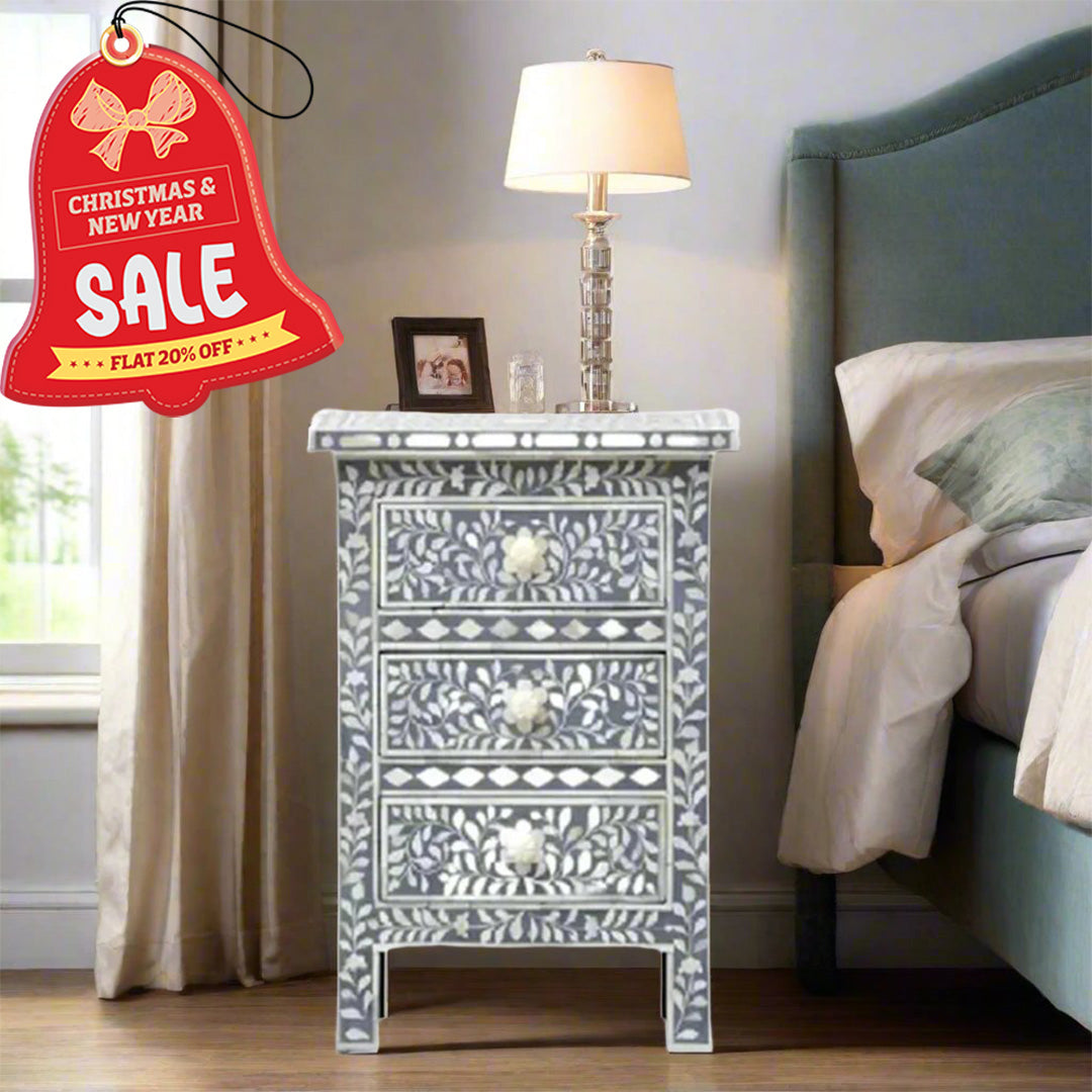 Floral Bone Inlay 3 Drawer Bedside Table - Grey