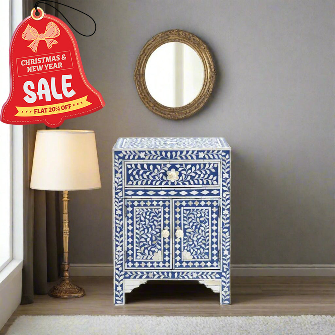 Bone Inlay Floral Bedside Table - Blue