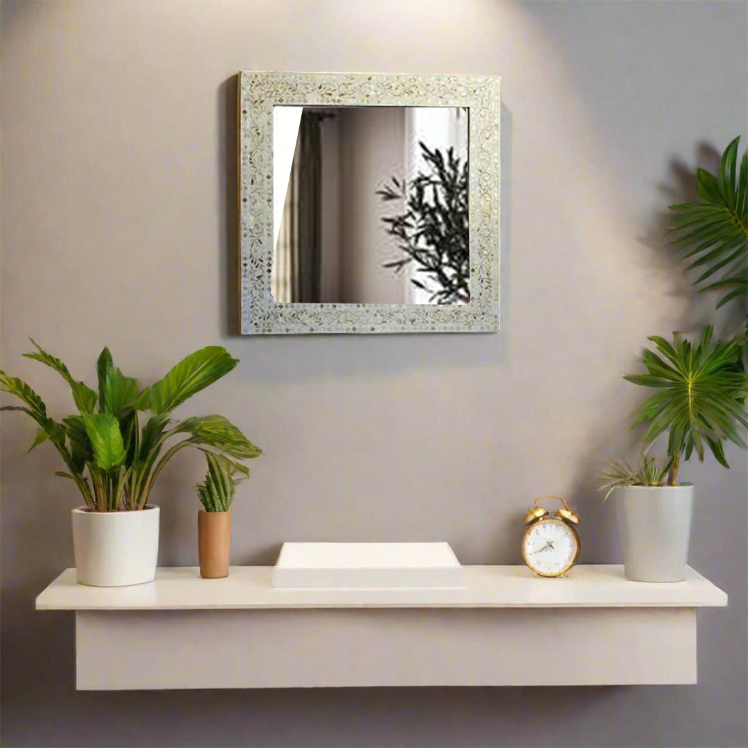 WHITE MOTHER OF PEARL INLAY SQUARE MIRROR FRAME