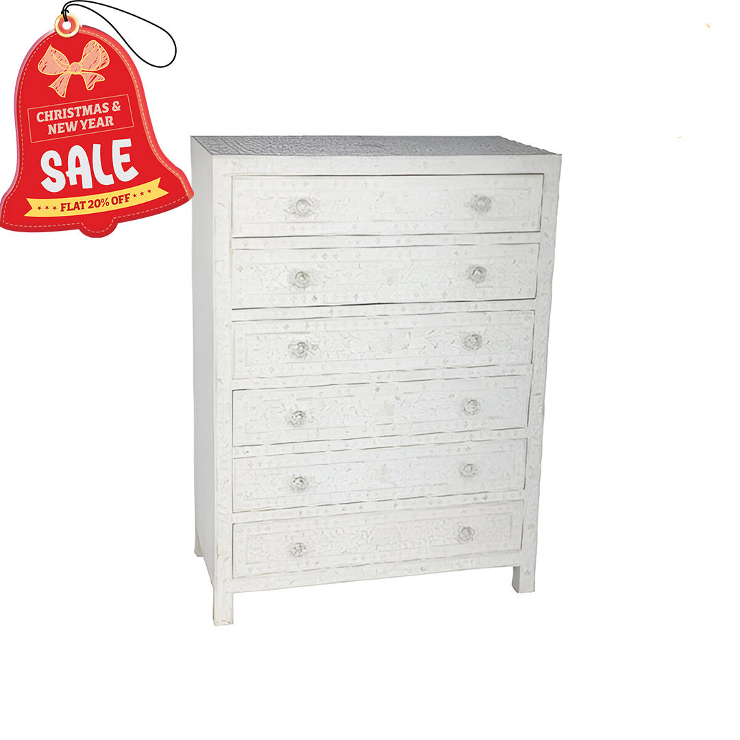 Bone Inlay Chest Of 6 Drawers, Floral Pattern In White