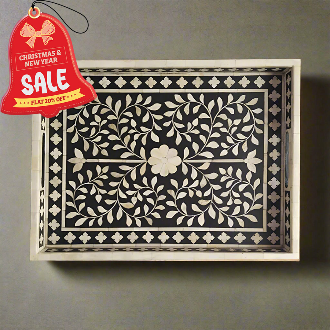 Bone Inlay Tray in Floral Design - Black