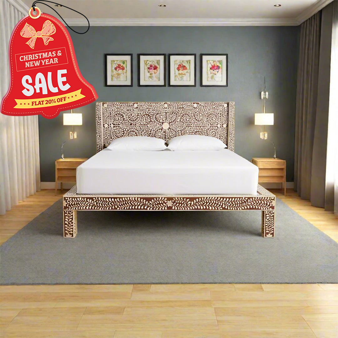 Handmade Bone Inlay King and Queen Size  Bed Frame with Bed Head for Bedroom Decor