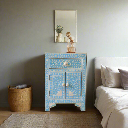 Bone Inlay Floral Bedside Table - Blue