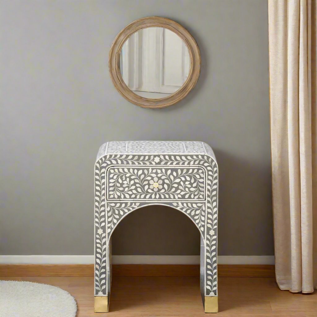 Bone Inlay Curved Bedside Table -  Floral