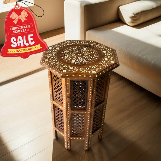 handmade Teak Wood Bone Inlay Pattern Stool