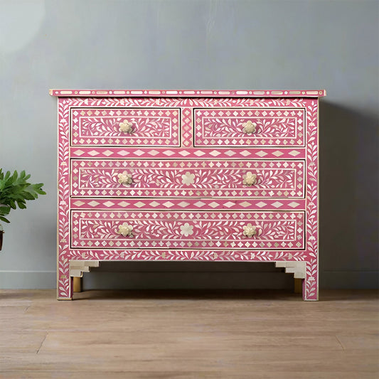 Bone Inlay Chest Of 4 Drawers , Floral Pattern In pink