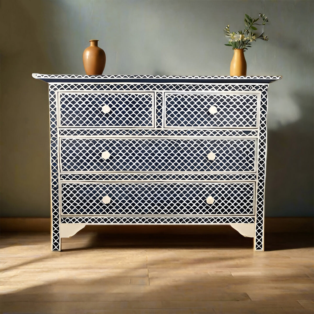 Bone Inlay Chest Of 4 Drawers , Fish Scale Pattern In Indigo