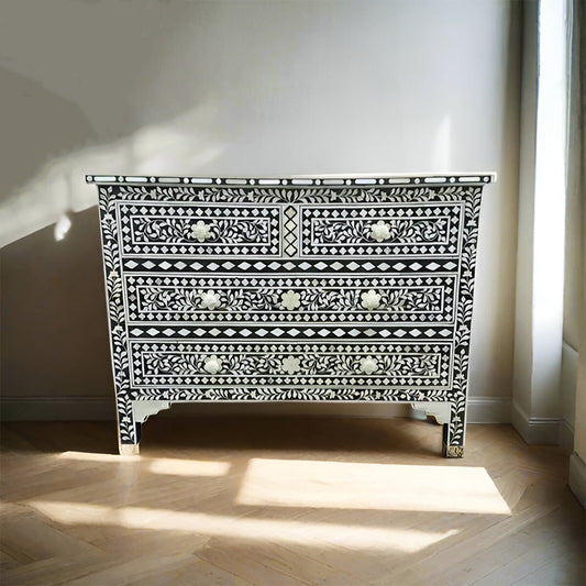 Bone Inlay Chest Of 4 Drawers , Floral Pattern In Black