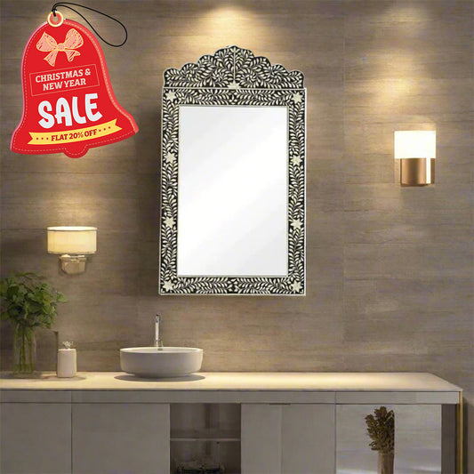 Bone Inlay Black Floral Mirror Frame with Complimentary Mirror