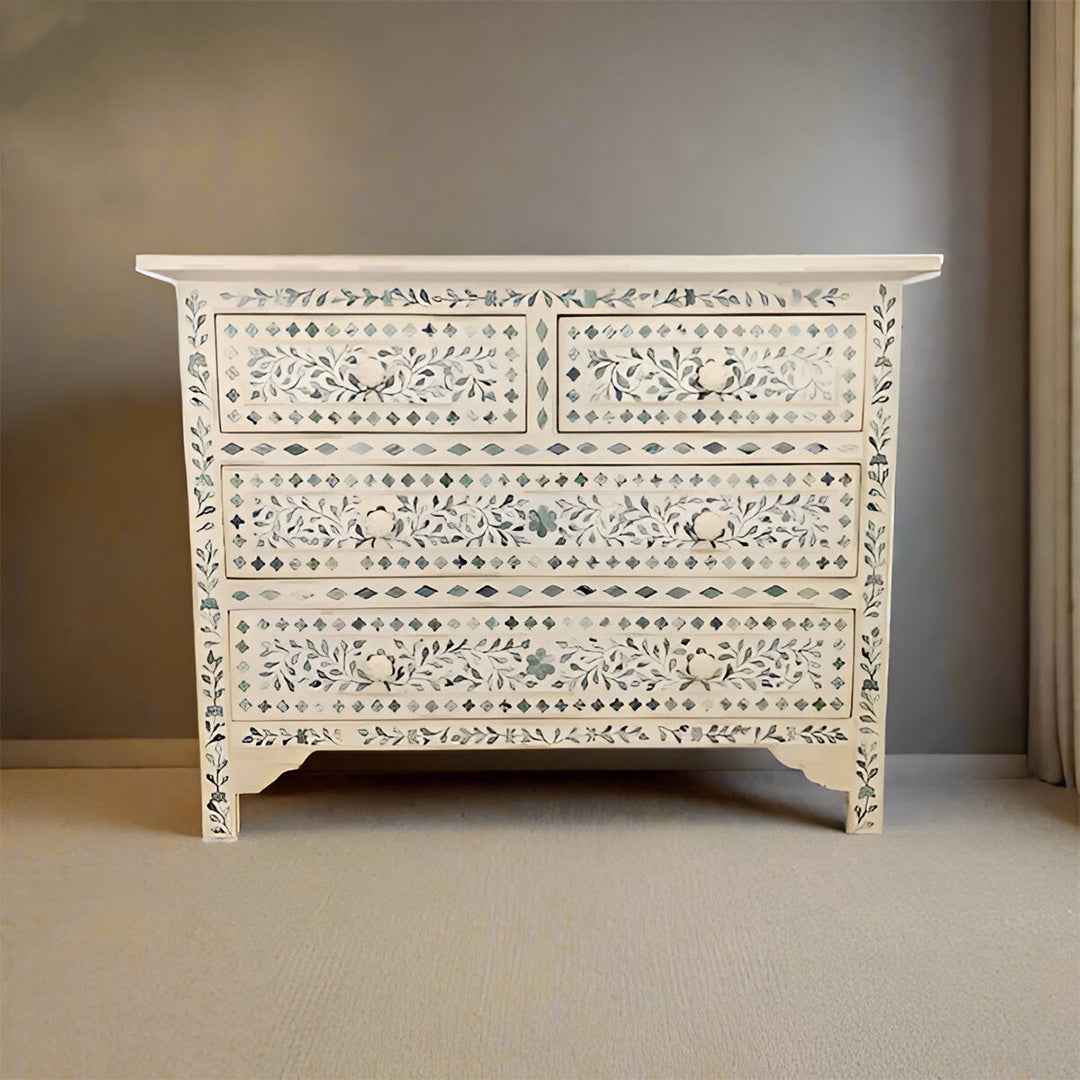 Bone Inlay Chest Of 4 Drawers , Floral Pattern In White