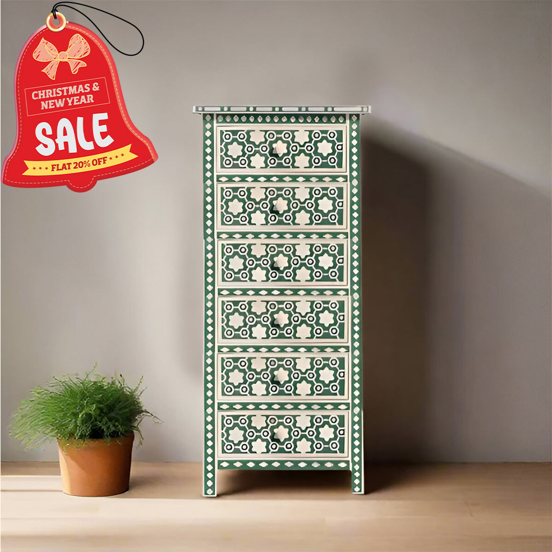 Bone Inlay Chest Of 6 Drawers Tall Boy In Floral Pattern Green Color