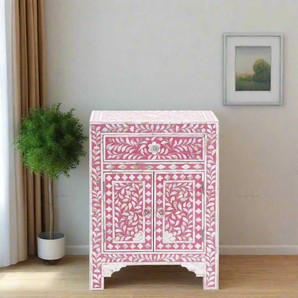 Handmade Pink Mother of Pearl handmade vintage bedside table for living room